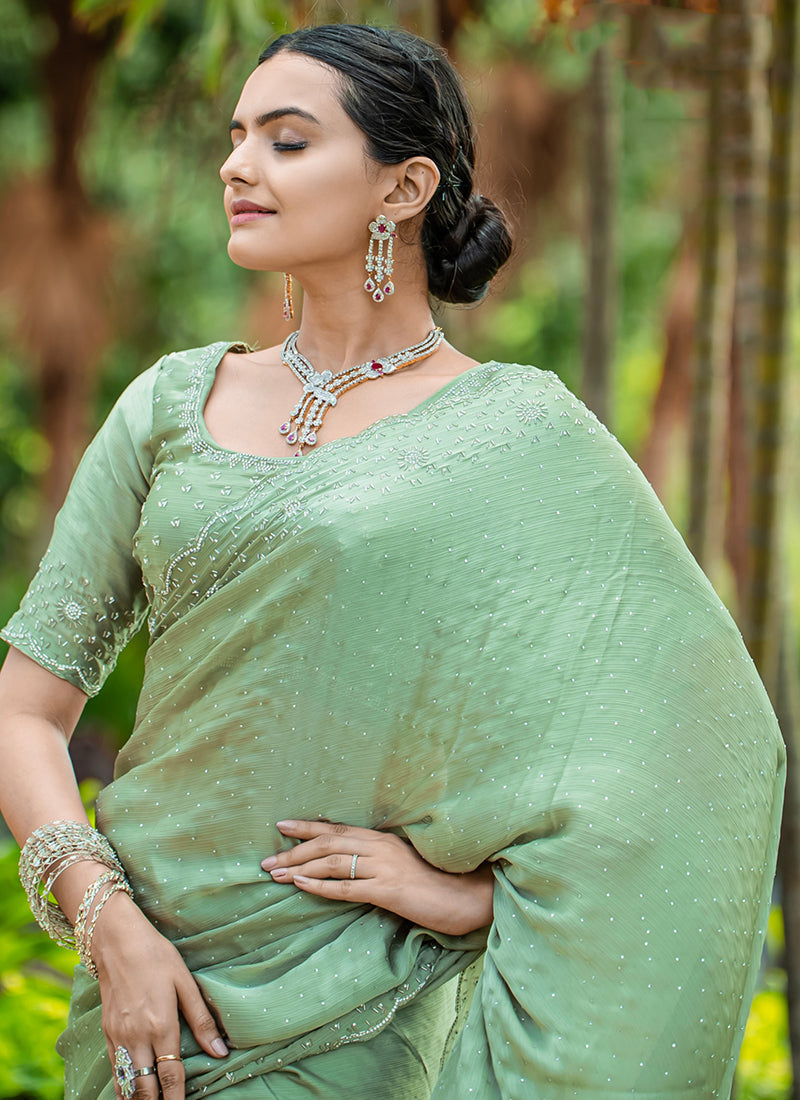 Sea Green Handwork Embroidery Wedding Saree