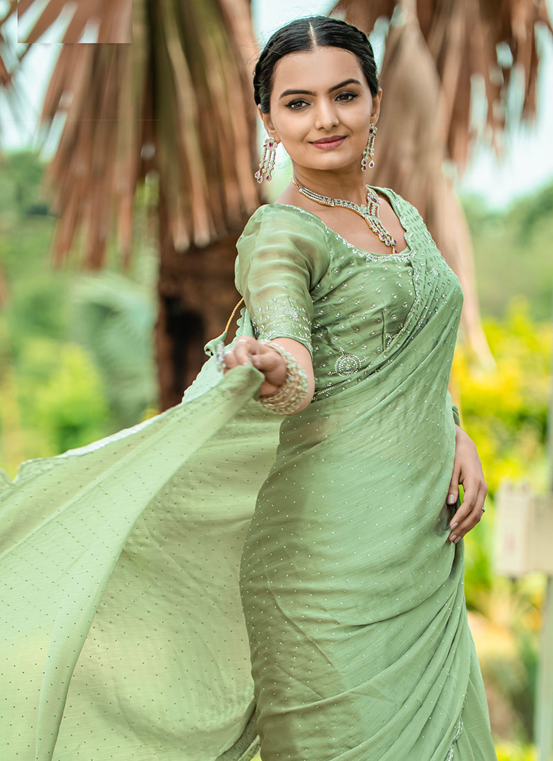 Sea Green Handwork Embroidery Wedding Saree