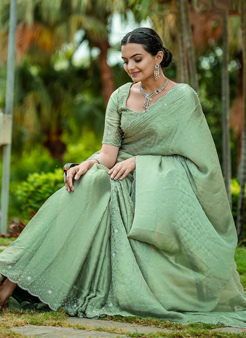 Sea Green Handwork Embroidery Wedding Saree