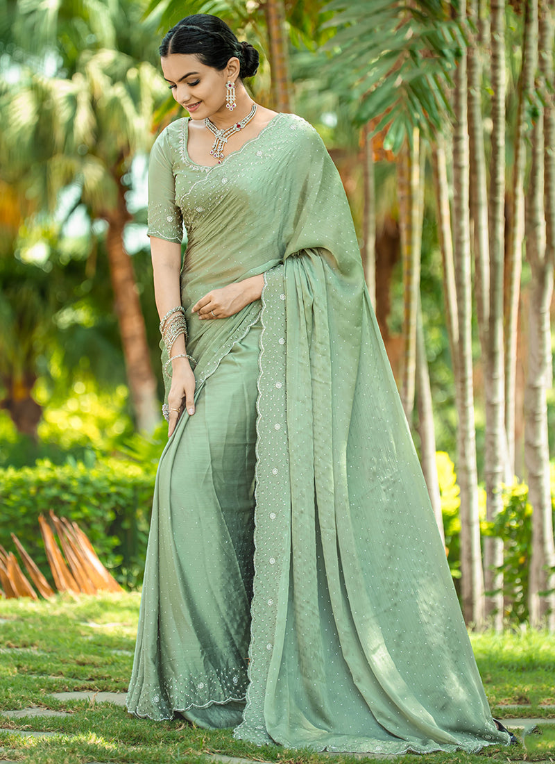 Sea Green Handwork Embroidery Wedding Saree