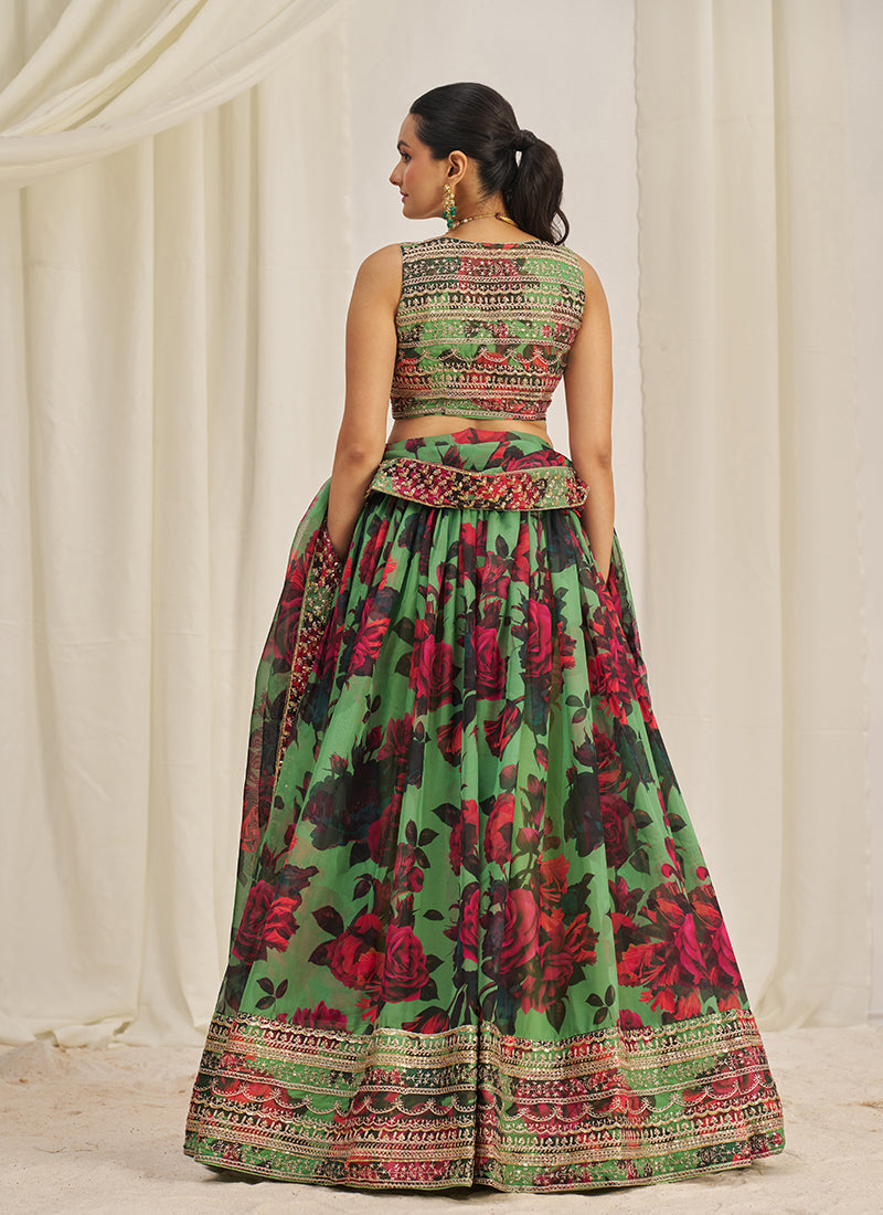 Green Floral Printed Embroidery Lehenga Choli