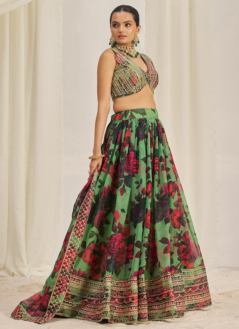 Green Floral Printed Embroidery Lehenga Choli