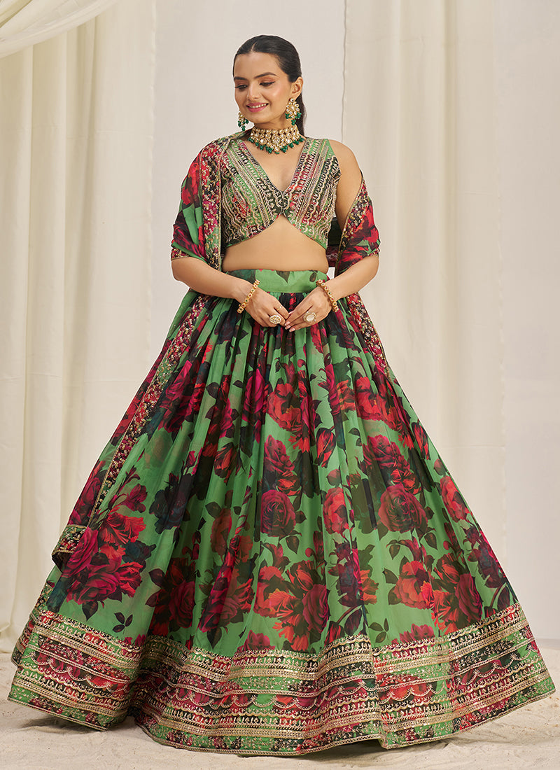 Green Floral Printed Embroidery Lehenga Choli