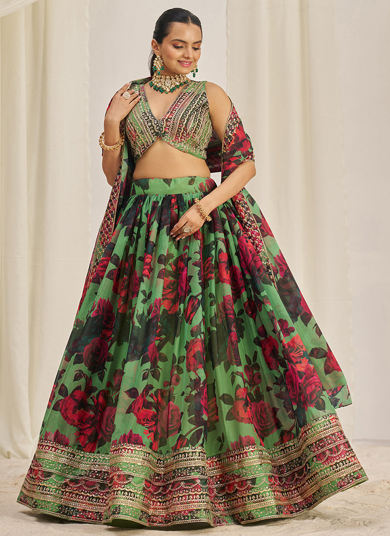 Green Floral Printed Embroidery Lehenga Choli