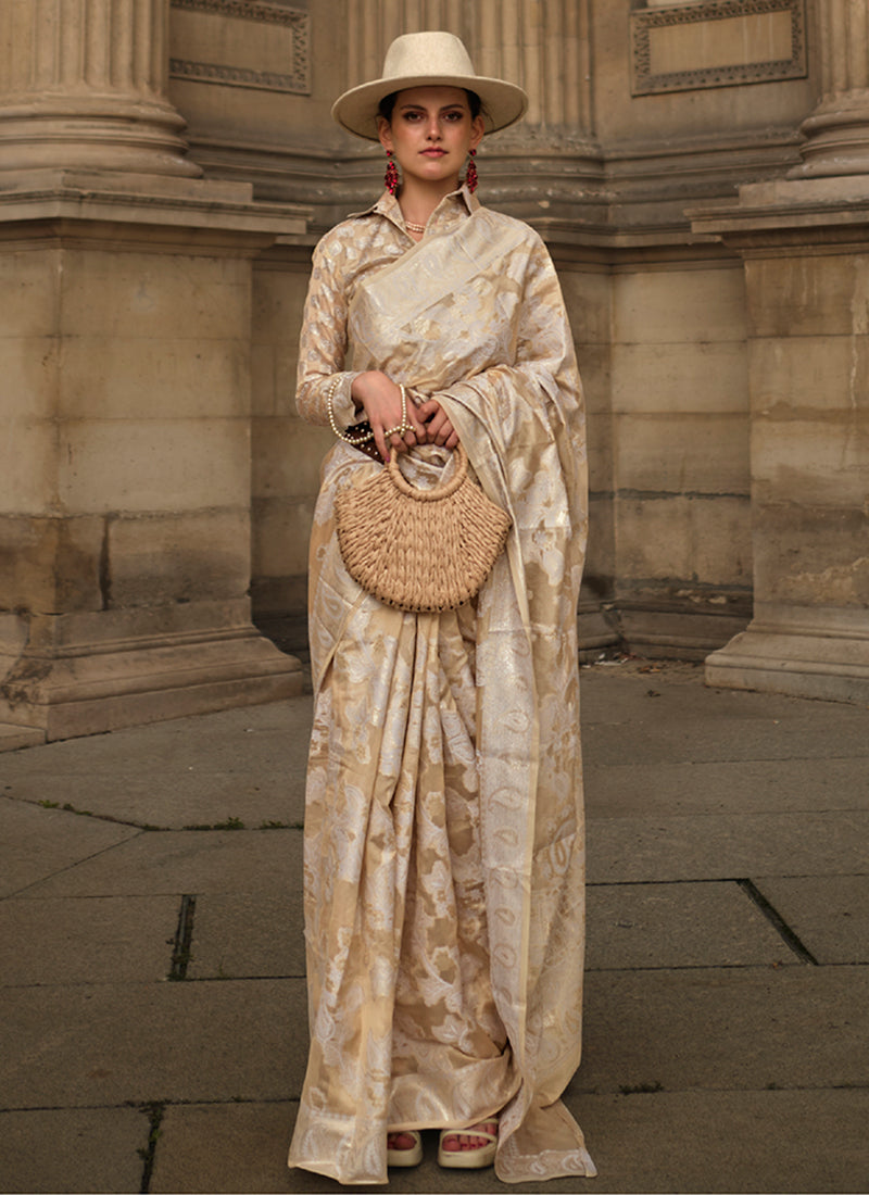 saree - saree in london - Creme - Beige- Lucknowi -Handloom- Woven -Organza -Silk -Saree