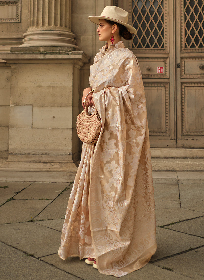 Creme Beige Lucknowi Handloom Woven Organza Silk Saree