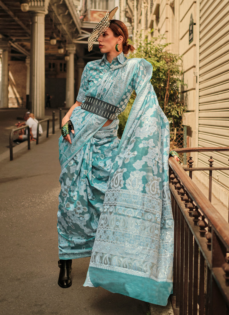 Turquoise Lucknowi Handloom Woven Organza Silk Saree