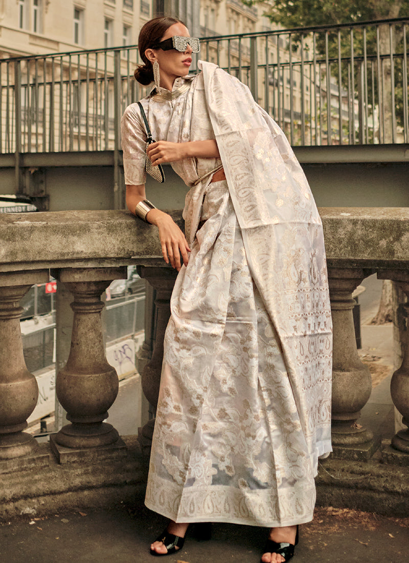 Beige Lucknowi Handloom Woven Organza Silk Saree