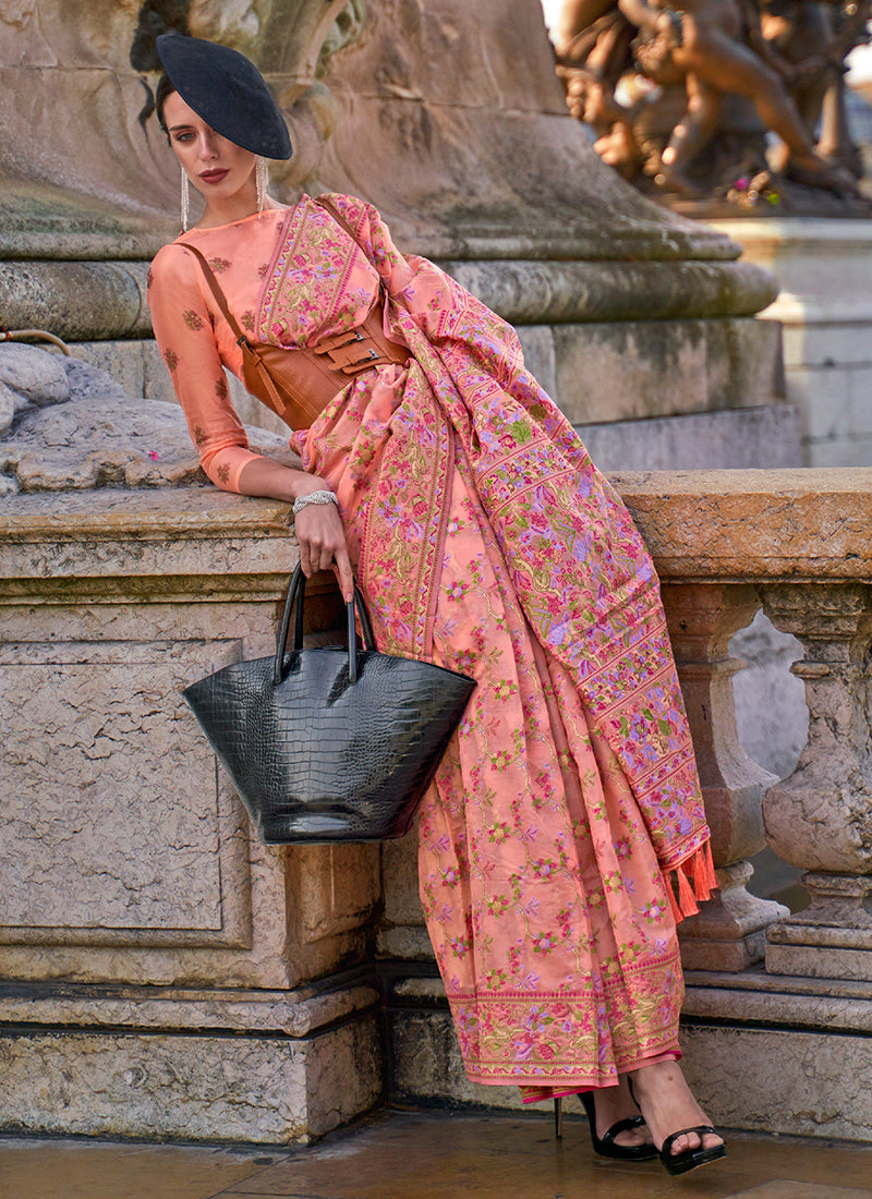 Peach Handloom Woven Floral Printed Silk Saree