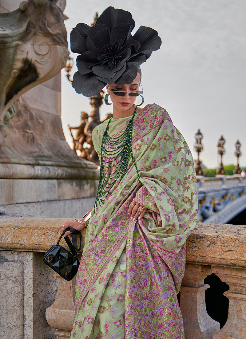 Pista Green Handloom Woven Floral Printed Silk Saree