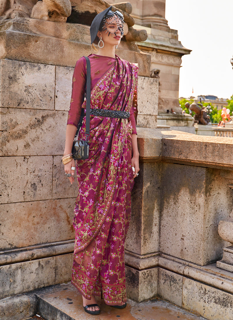 Magenta Handloom Woven Floral Printed Silk Saree