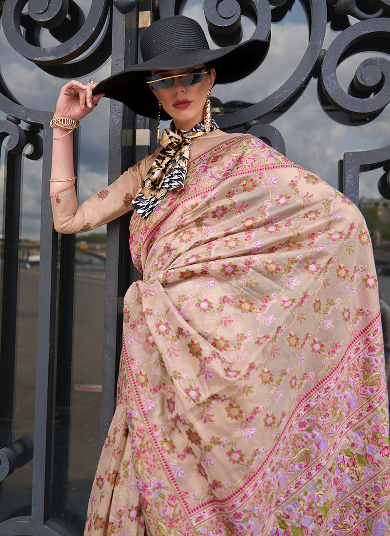 Beige Pink Handloom Woven Floral Printed Silk Saree