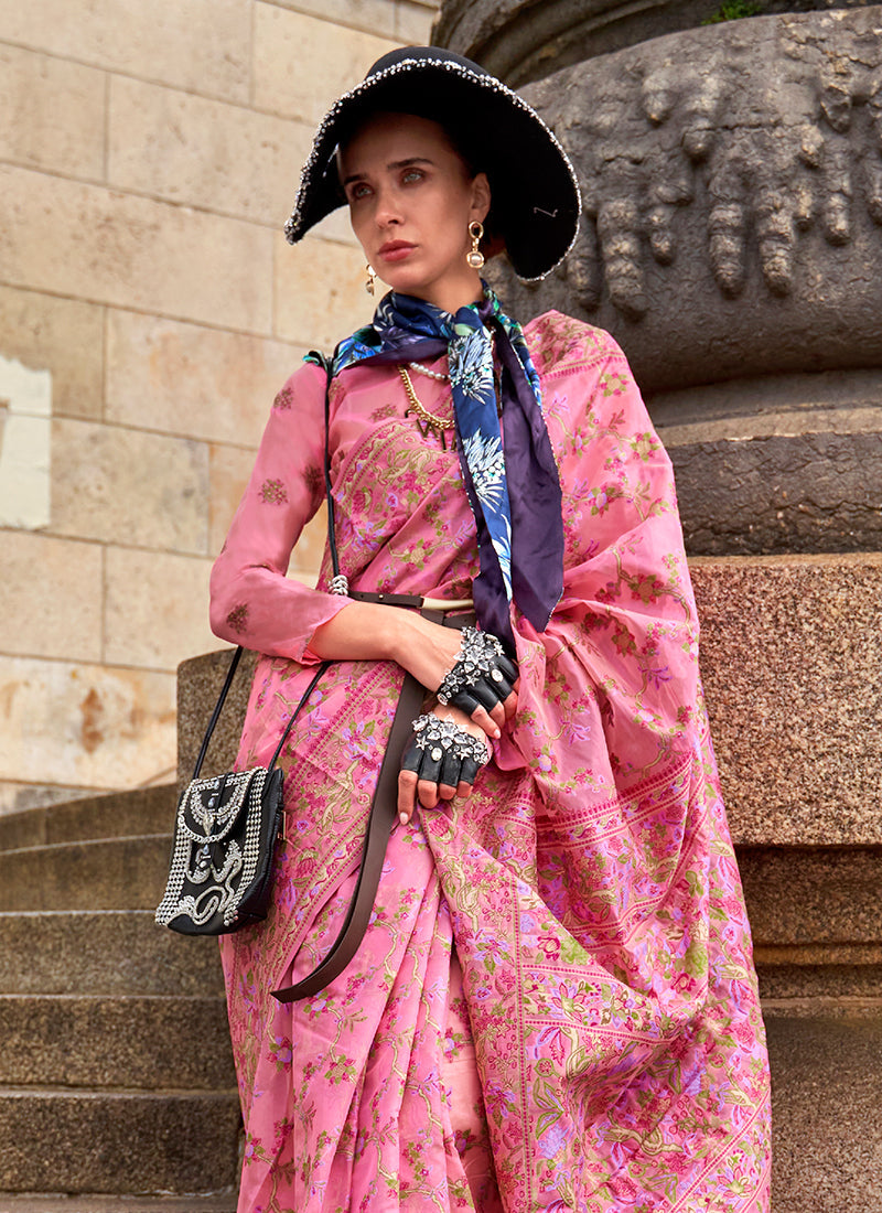 Pink Handloom Woven Floral Printed Silk Saree