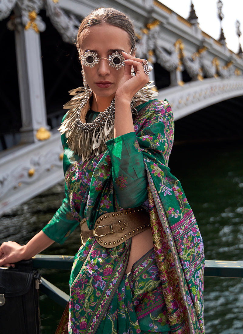 Green Handloom Woven Floral Printed Silk Saree