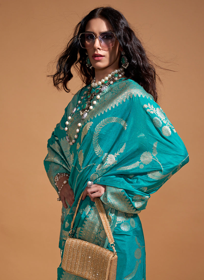 Turquoise Golden Zari Brocade Woven Handloom Silk Saree