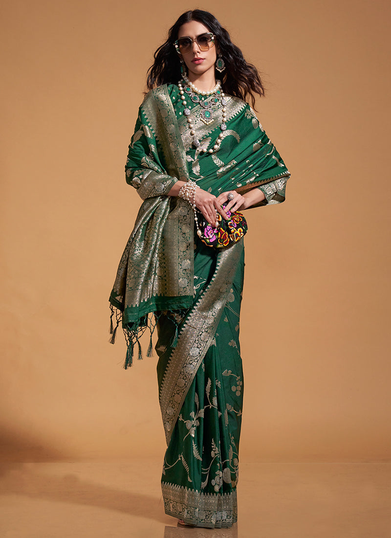 Green Golden Zari Brocade Woven Handloom Silk Saree