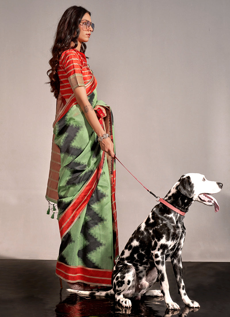 Red And Green Digital Printed Handloom Silk Saree