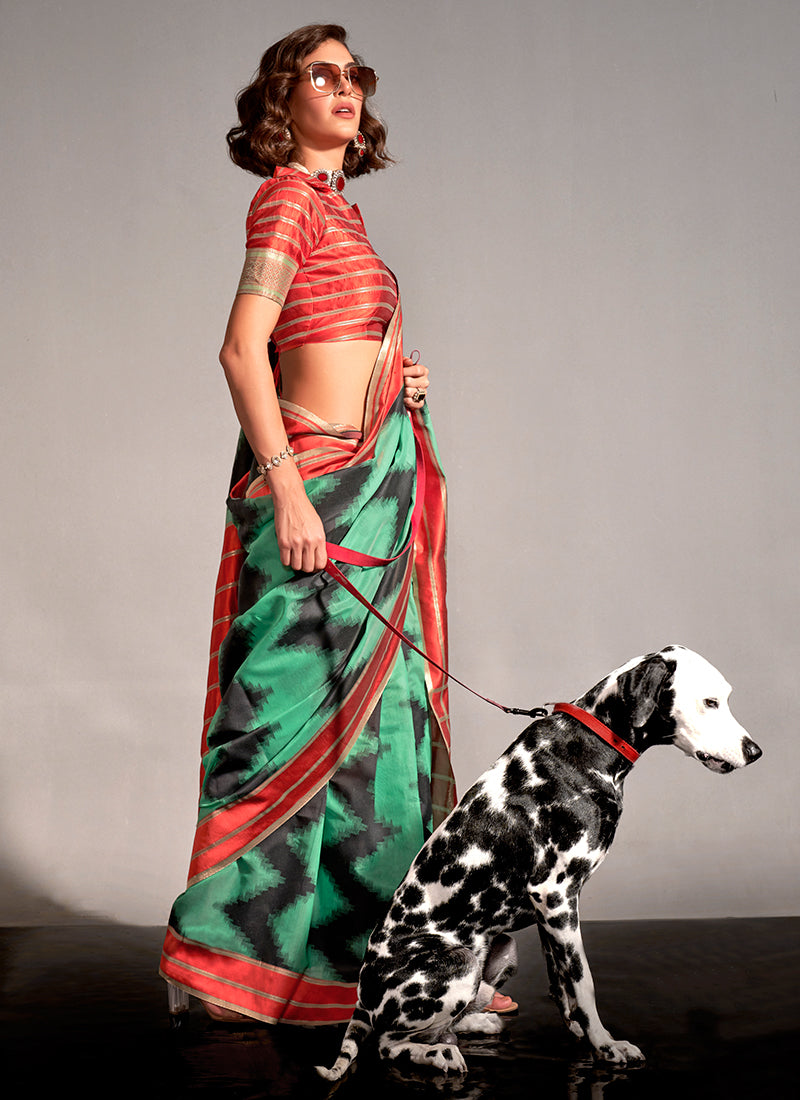 Green And Red Digital Printed Handloom Silk Saree