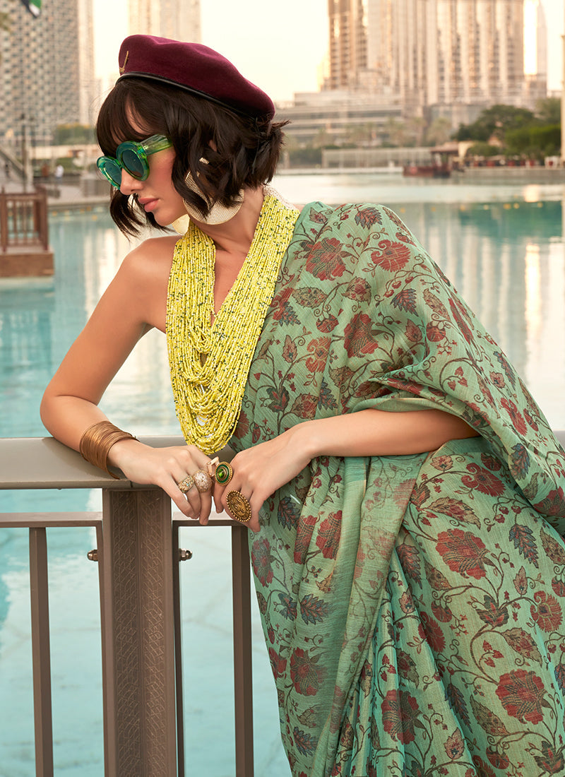 Green Floral Printed Silk Saree