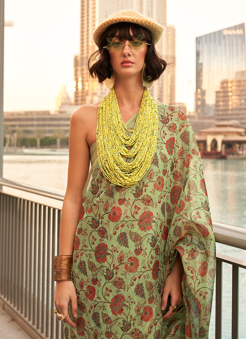 Light Green Floral Printed Silk Saree