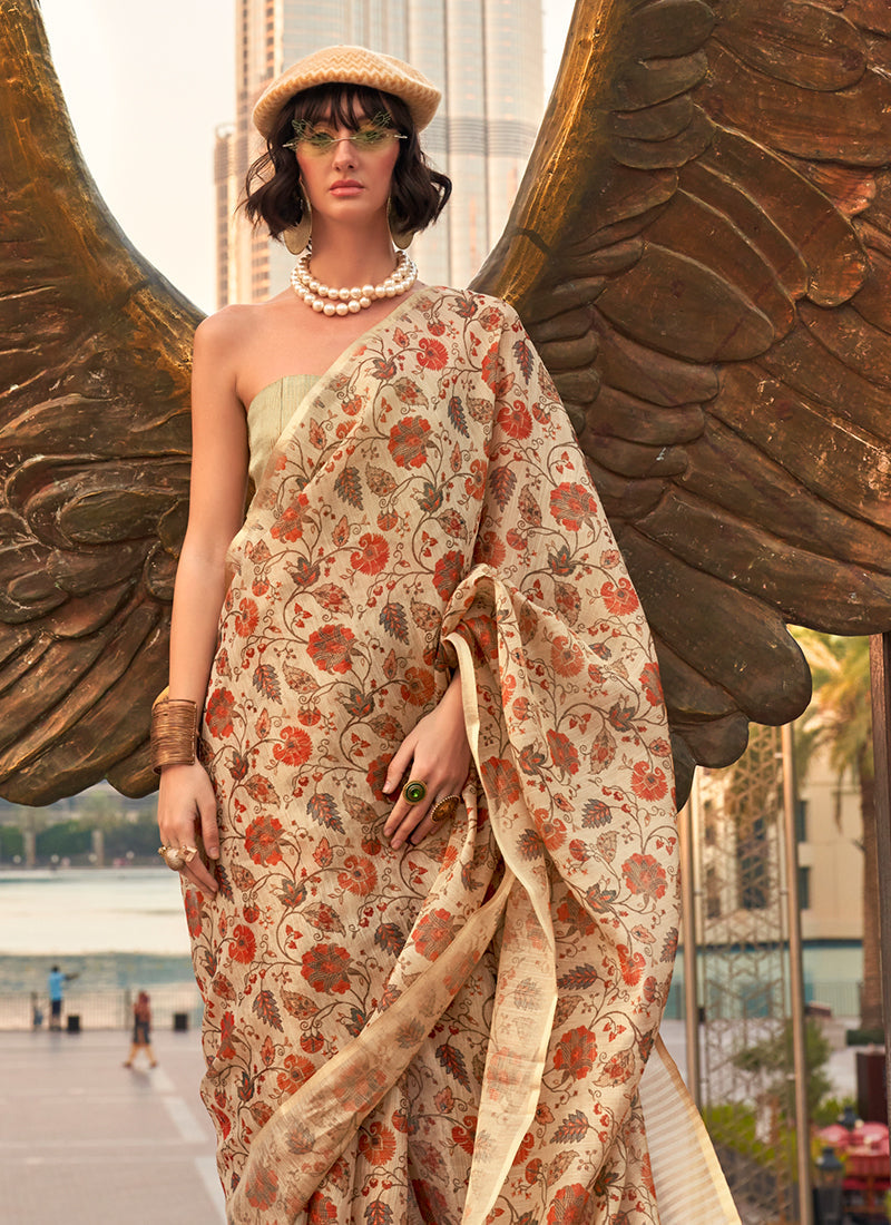 Cream Beige Floral Printed Silk Saree