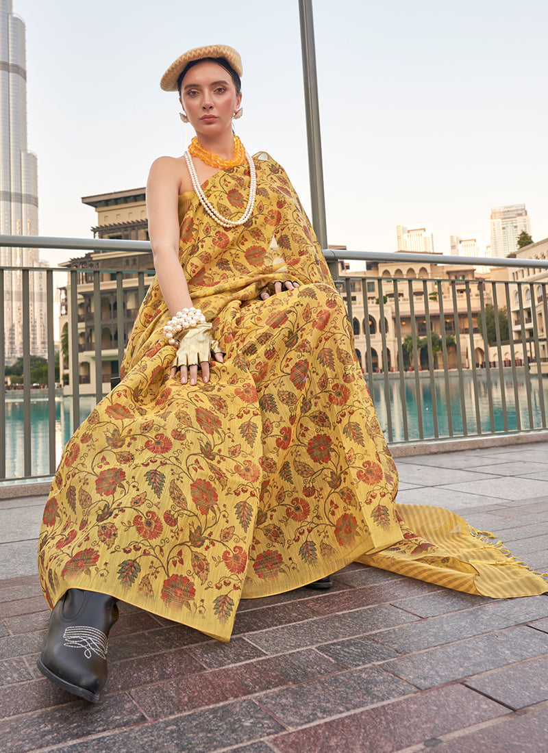 Yellow Floral Printed Silk Saree