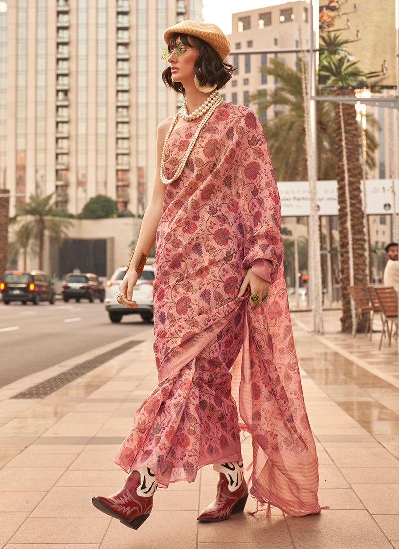 Light Pink Floral Printed Silk Saree