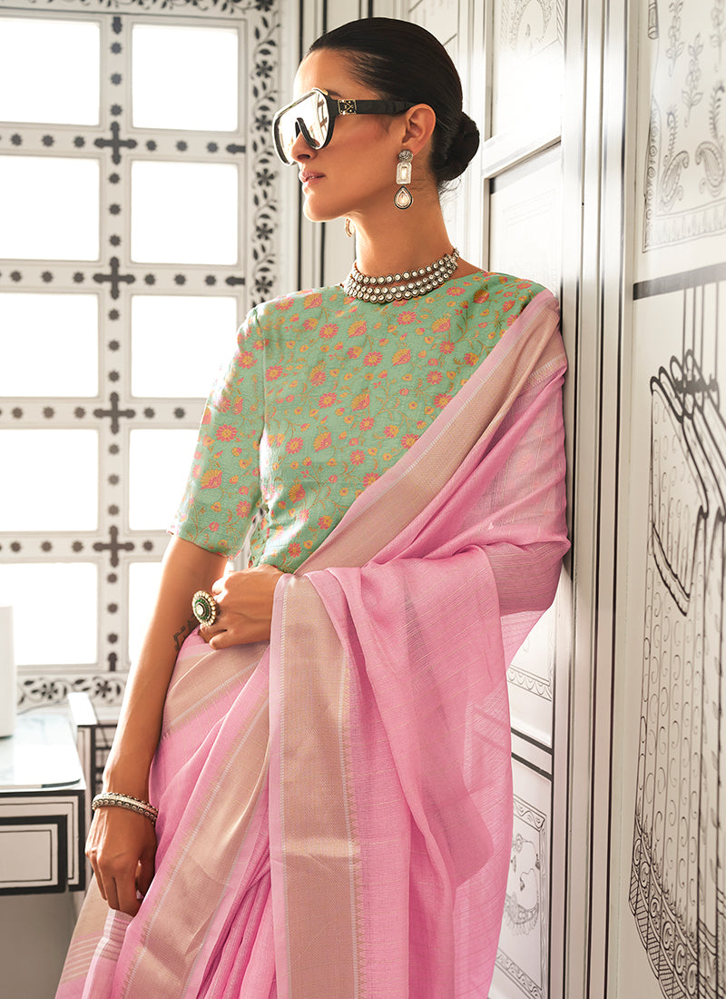 Pink And Green Zari Brocade Handloom Silk Saree