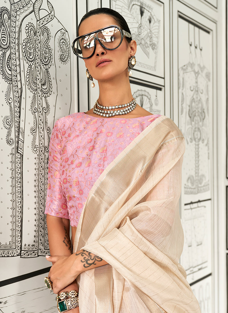 Ivory And Pink Zari Brocade Handloom Silk Saree