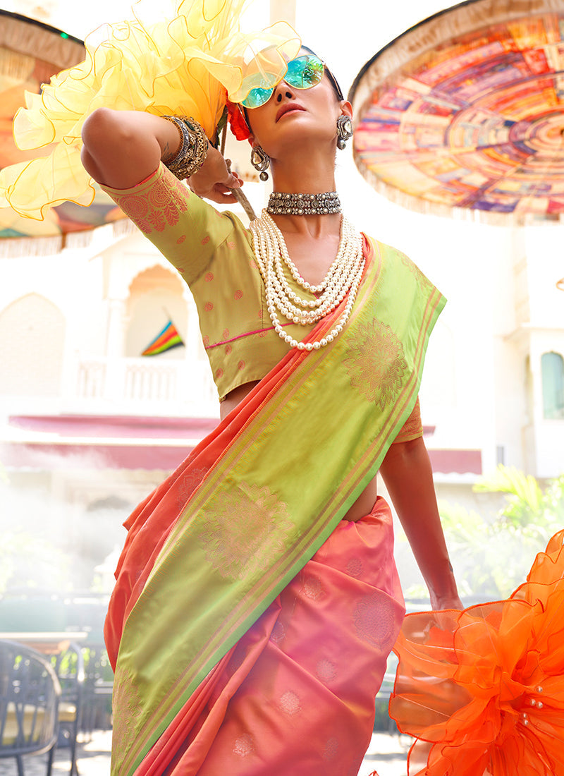 Pastel Orange And Green Handloom Silk Saree