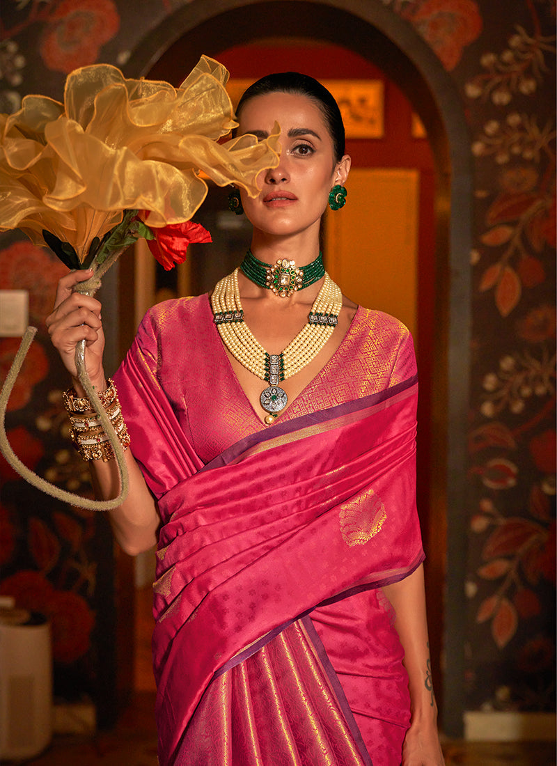 Magenta Pink Zari Brocade Handloom Woven Silk Saree