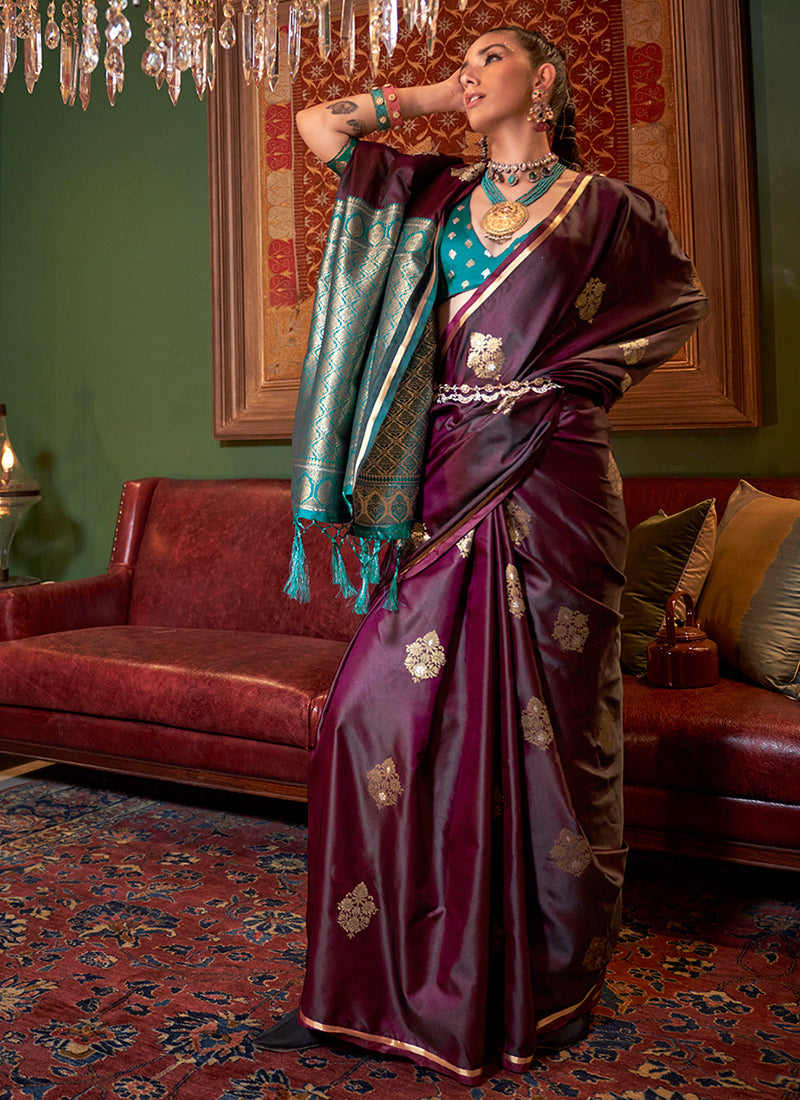 Maroon And Teal Zari Woven Satin Silk Saree