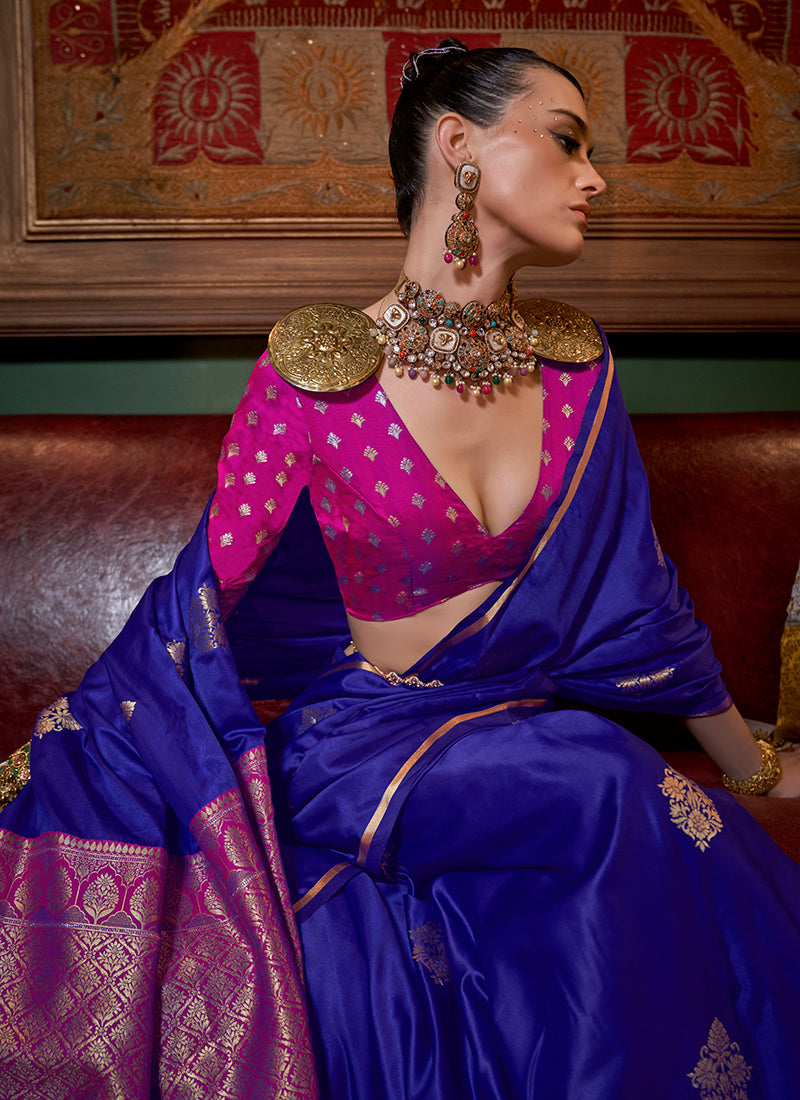 Royal Blue And Pink Zari Woven Satin Silk Saree