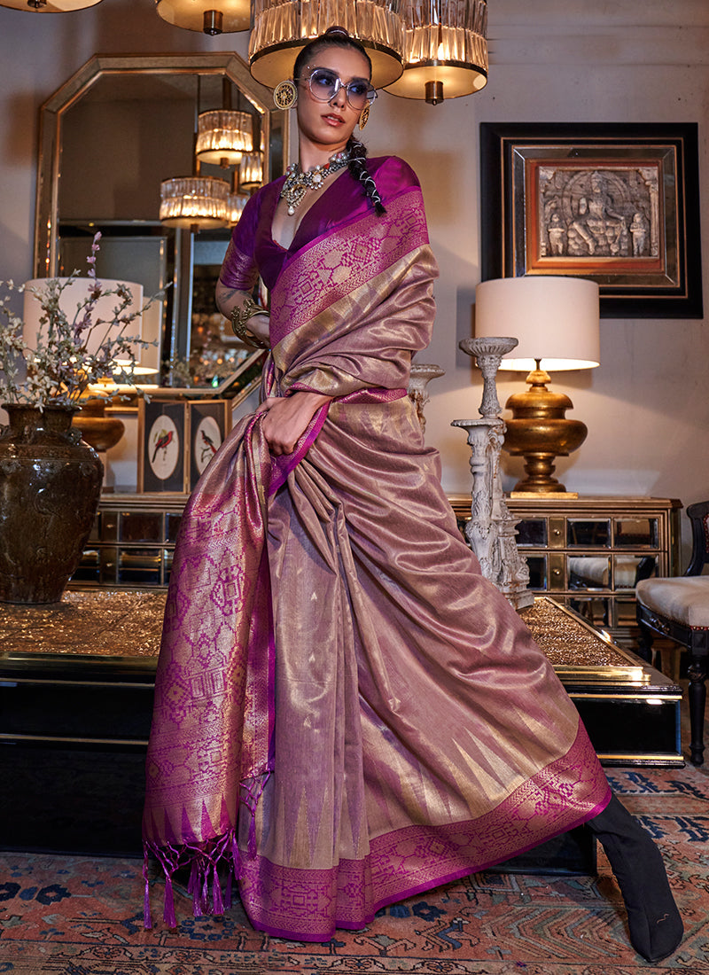 Purple And Pink Handloom Tissue Silk Saree