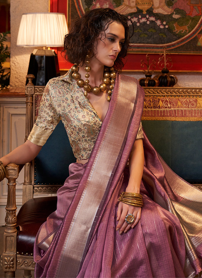 Dusty Pink Zari Brocade Handloom Silk Saree