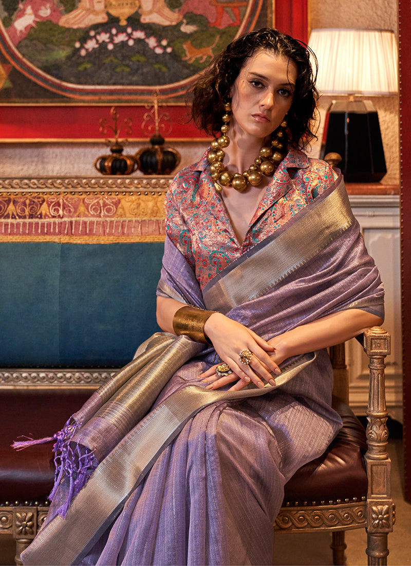 Lavender Zari Brocade Handloom Silk Saree