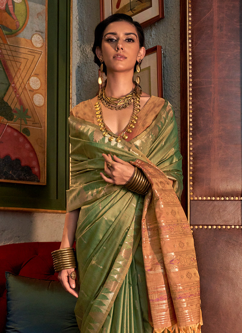 Green And Peach Zari Brocade Handwoven Silk Saree