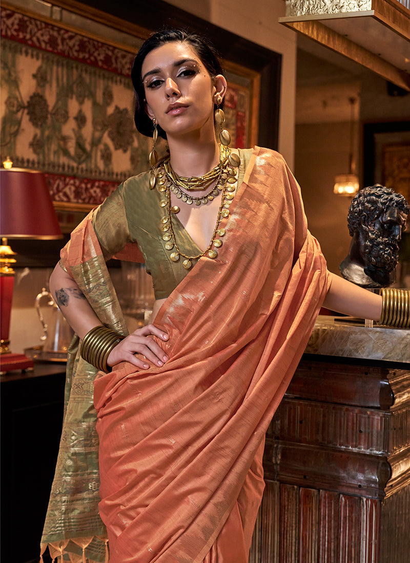 Orange And Green Zari Brocade Handwoven Silk Saree