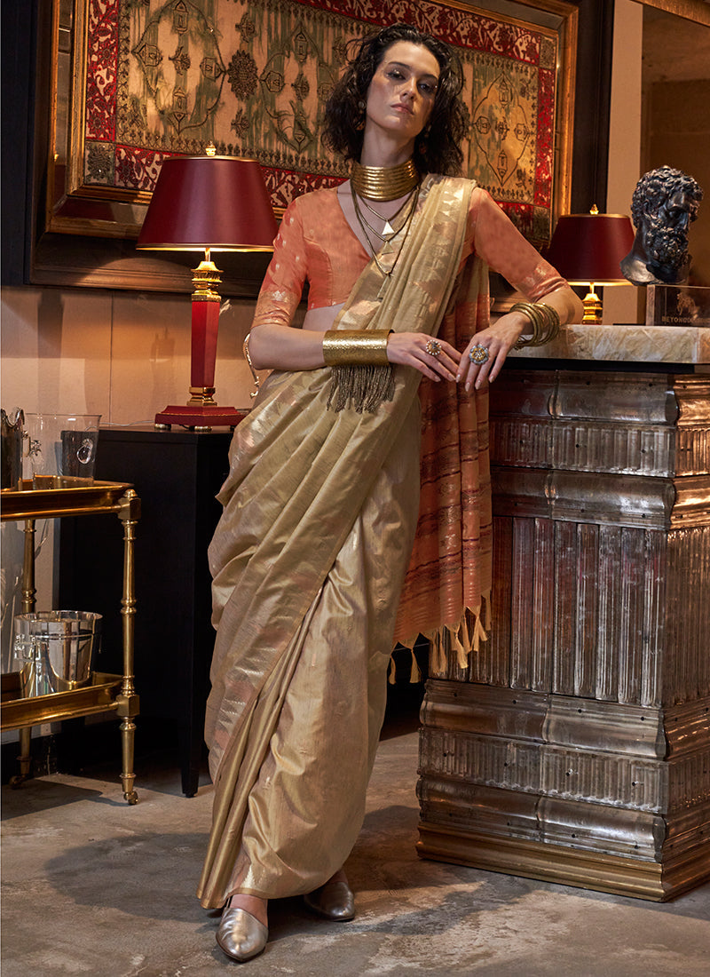 Copper Beige And Orange Zari Brocade Handwoven Silk Saree