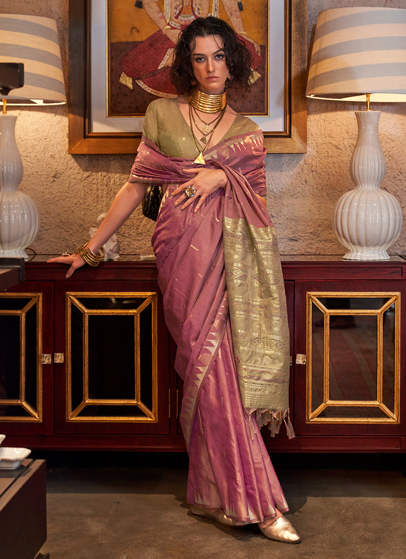 Pink And Olive Zari Brocade Handwoven Silk Saree