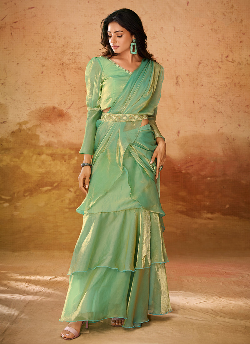 Pear Green Handwork Organza Saree