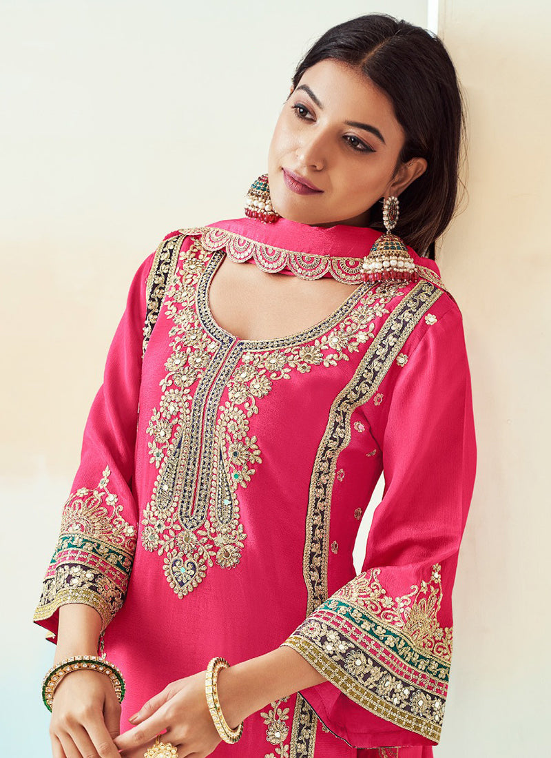 Rani Pink Embroidered Traditional Palazzo Style Salwar Suit