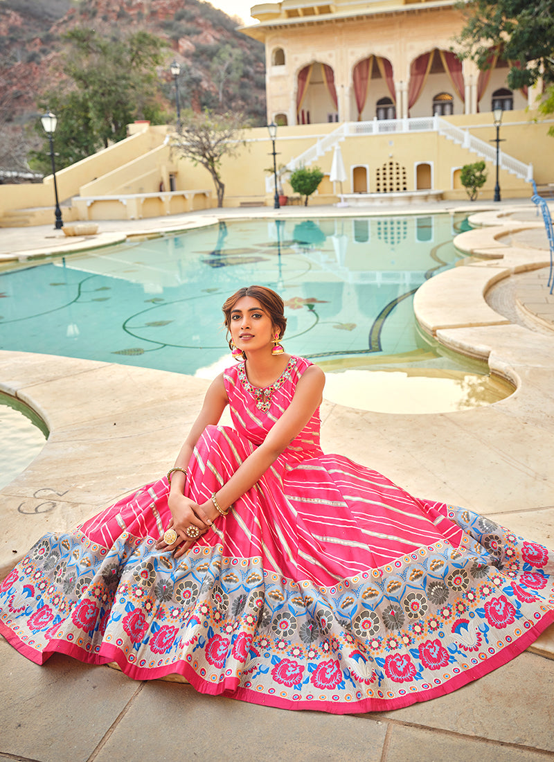 Fuchsia Pink Embroidery And Printed Anarkali Gown