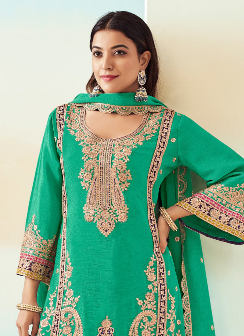 Green Embroidered Traditional Palazzo Style Salwar Suit