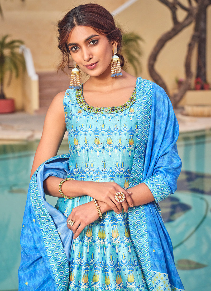 Blue Embroidery And Printed Anarkali Gown