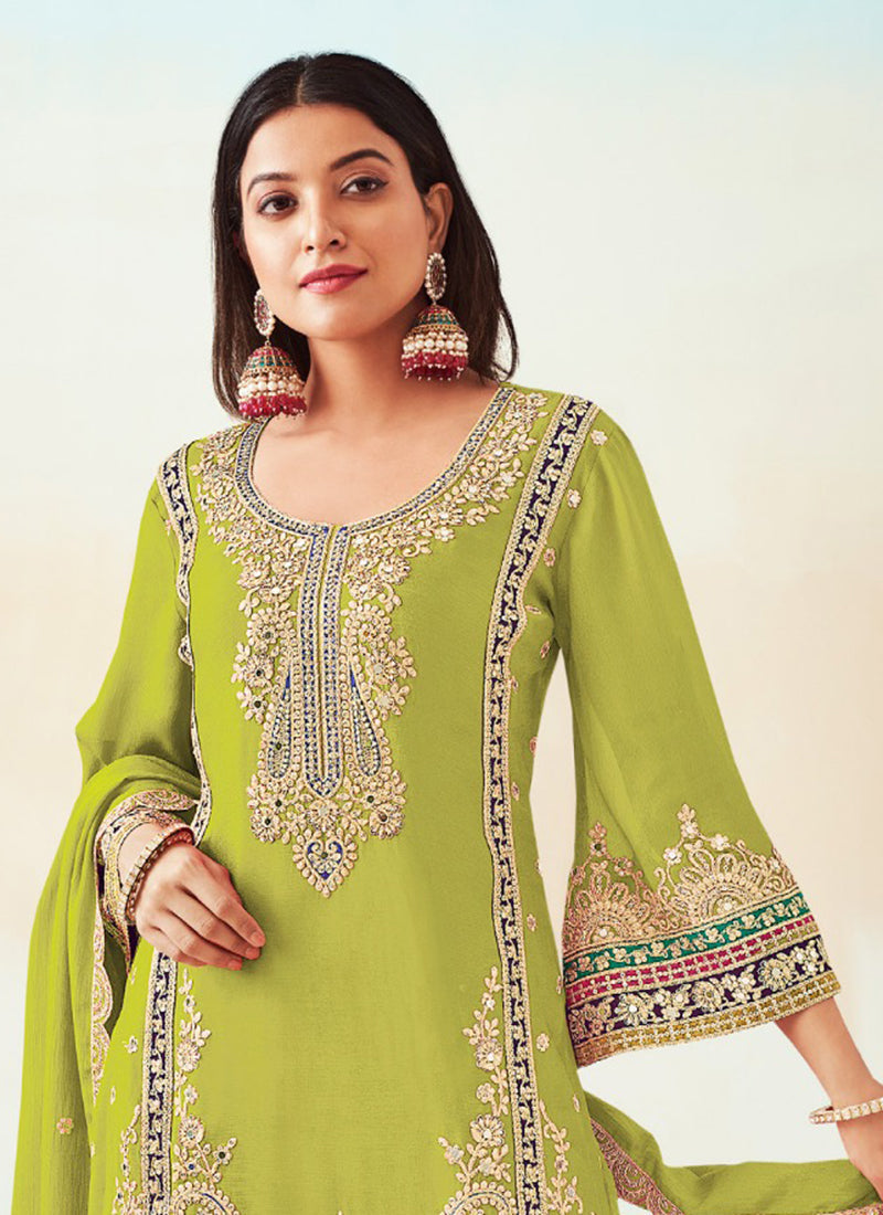 Lime Green Embroidered Traditional Palazzo Style Salwar Suit