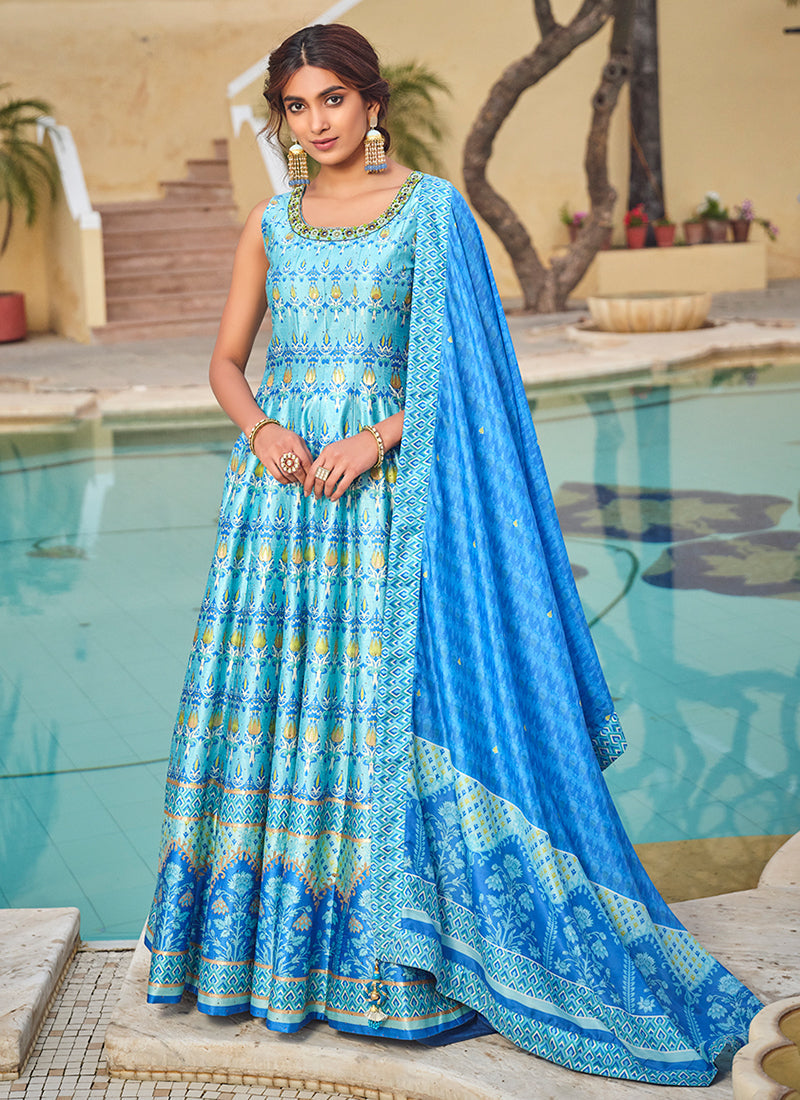 Blue Embroidery And Printed Anarkali Gown