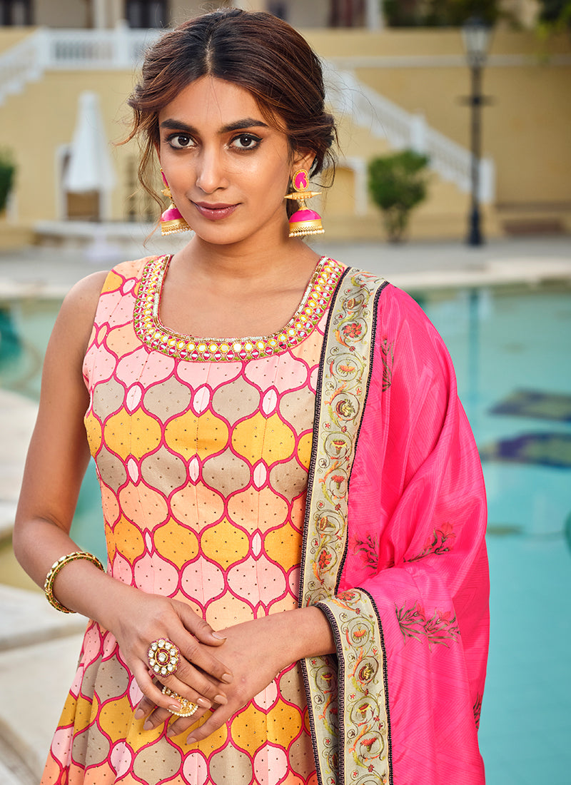 Yellow Multicoloured Embroidery And Printed Anarkali Gown