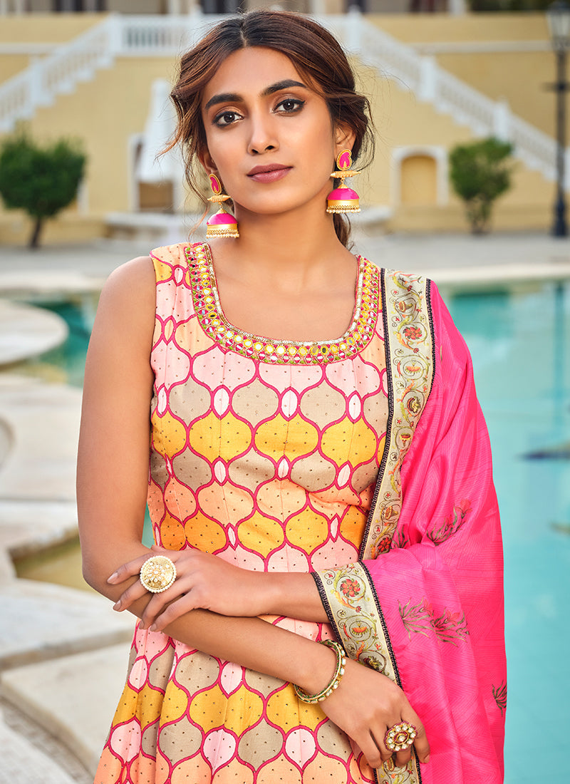 Yellow Multicoloured Embroidery And Printed Anarkali Gown