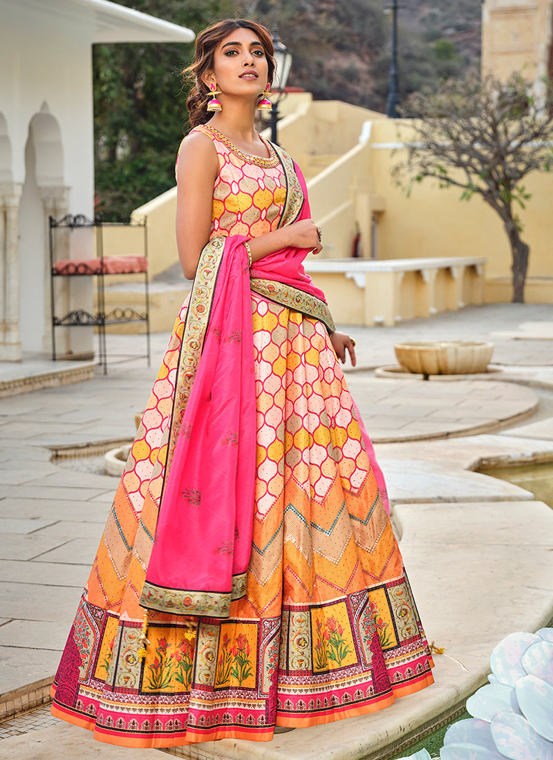 Yellow Multicoloured Embroidery And Printed Anarkali Gown